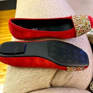 Red Suede shoes with crystal band at toe